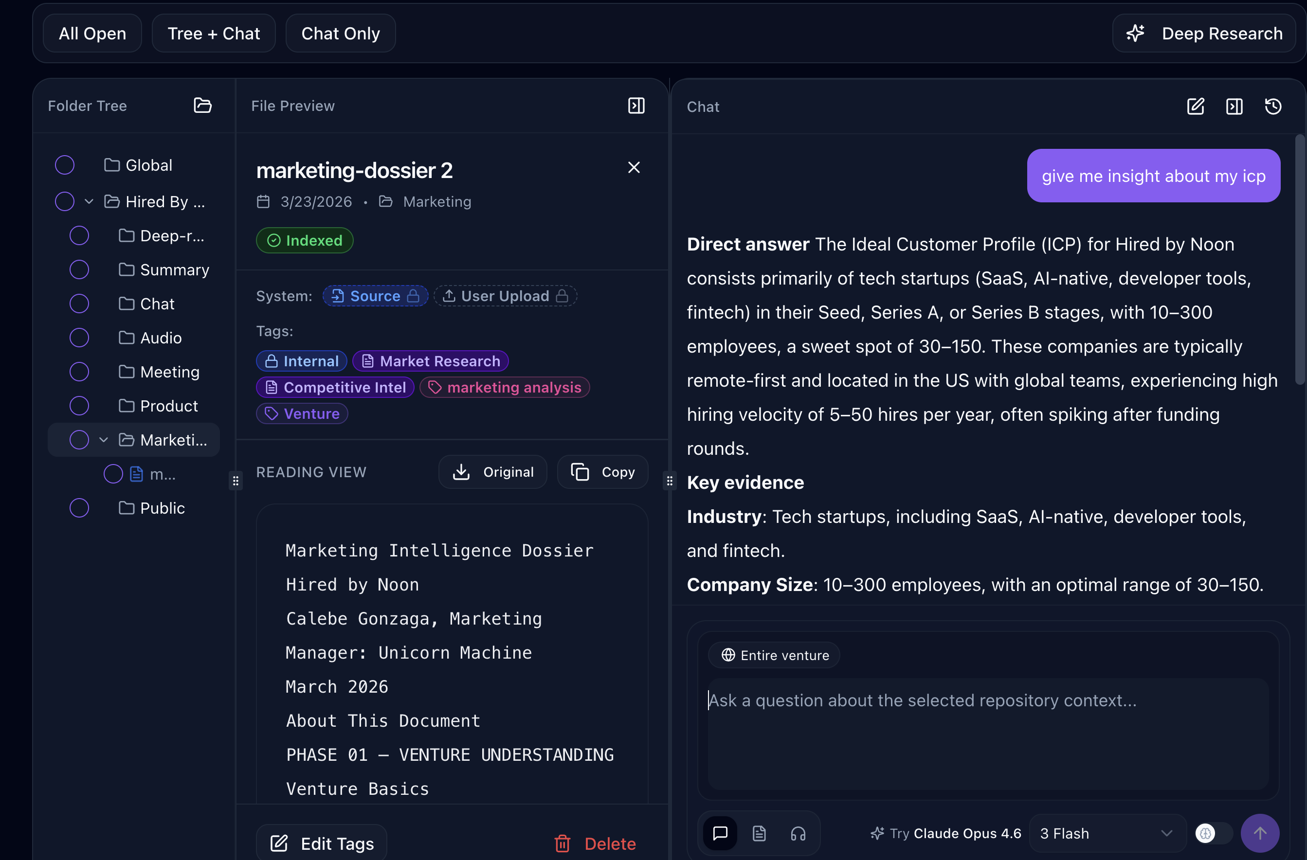 AI chat grounded in venture documents — folder tree, indexed marketing dossier preview, and ICP research response with citations