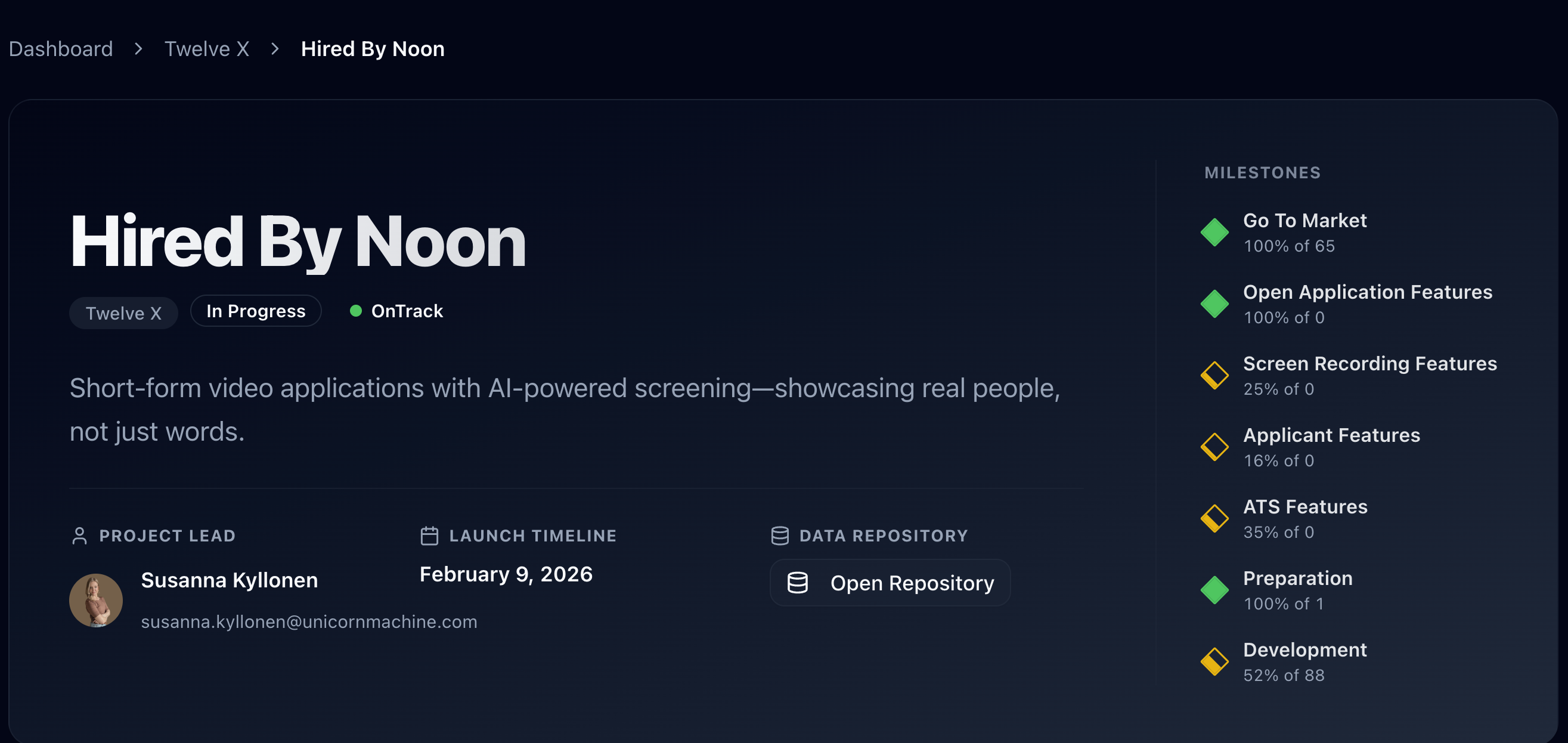 Single venture workspace — Hired By Noon with project lead, launch timeline, data repository, and milestones, all organized in one place